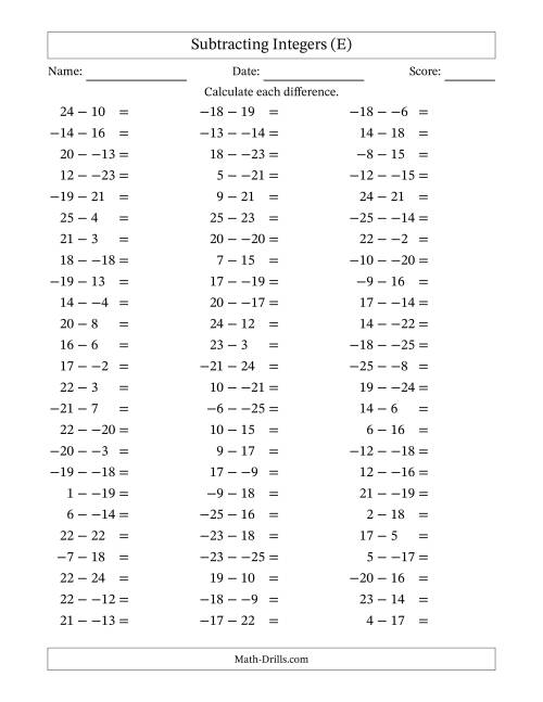 The Subtracting Mixed Integers from -25 to 25 (75 Questions; No Parentheses) (E) Math Worksheet