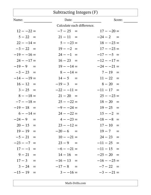 The Subtracting Mixed Integers from -25 to 25 (75 Questions; No Parentheses) (F) Math Worksheet