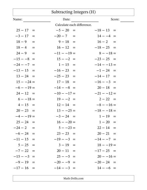 The Subtracting Mixed Integers from -25 to 25 (75 Questions; No Parentheses) (H) Math Worksheet