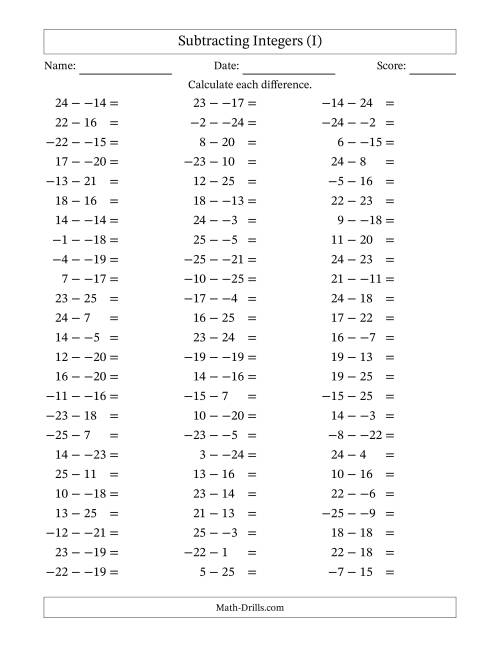 The Subtracting Mixed Integers from -25 to 25 (75 Questions; No Parentheses) (I) Math Worksheet