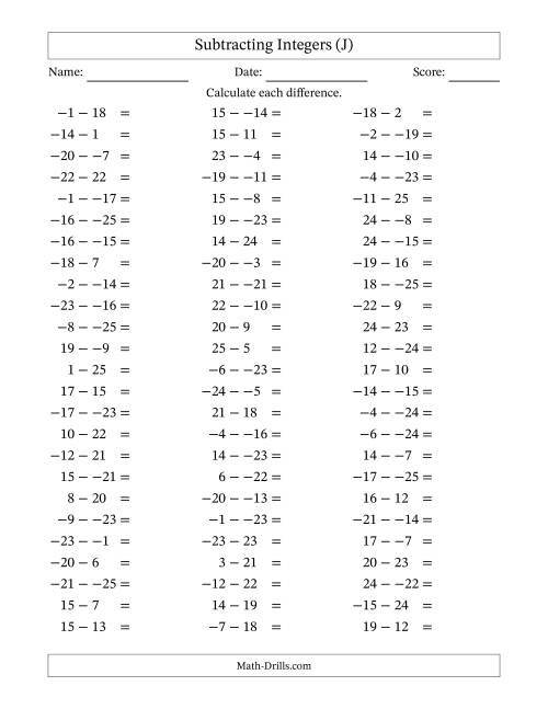 The Subtracting Mixed Integers from -25 to 25 (75 Questions; No Parentheses) (J) Math Worksheet
