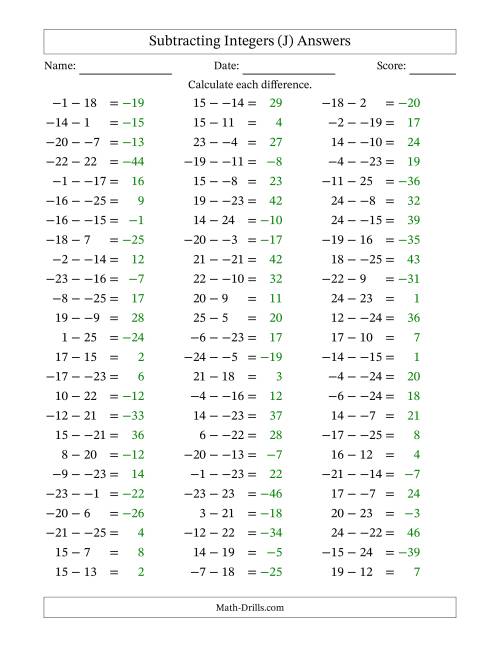 The Subtracting Mixed Integers from -25 to 25 (75 Questions; No Parentheses) (J) Math Worksheet Page 2