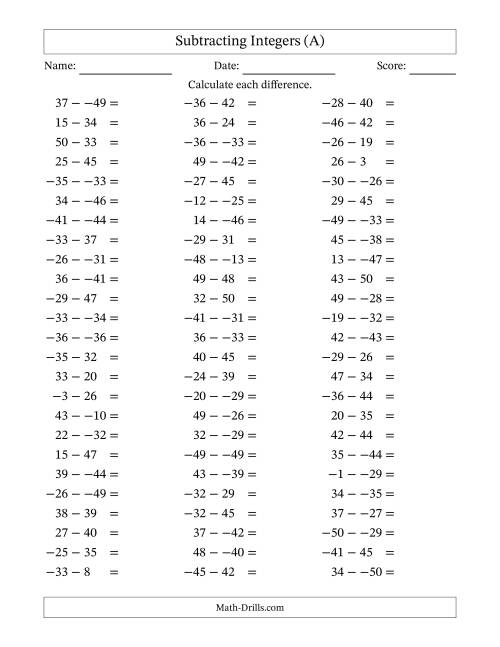 The Subtracting Integers from (-50) to (+50) (No Parentheses) (A) Math Worksheet