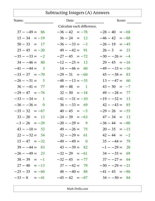 The Subtracting Integers from (-50) to (+50) (No Parentheses) (A) Math Worksheet Page 2