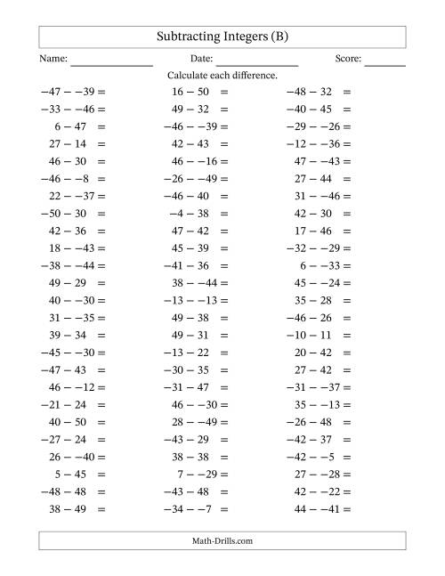 The Subtracting Mixed Integers from -50 to 50 (75 Questions; No Parentheses) (B) Math Worksheet