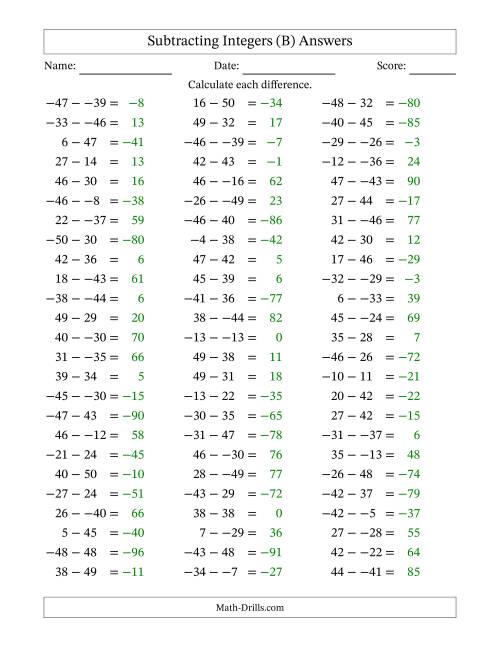 The Subtracting Mixed Integers from -50 to 50 (75 Questions; No Parentheses) (B) Math Worksheet Page 2
