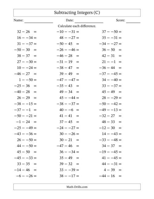 The Subtracting Mixed Integers from -50 to 50 (75 Questions; No Parentheses) (C) Math Worksheet