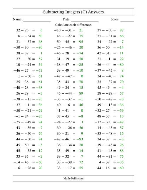 The Subtracting Mixed Integers from -50 to 50 (75 Questions; No Parentheses) (C) Math Worksheet Page 2