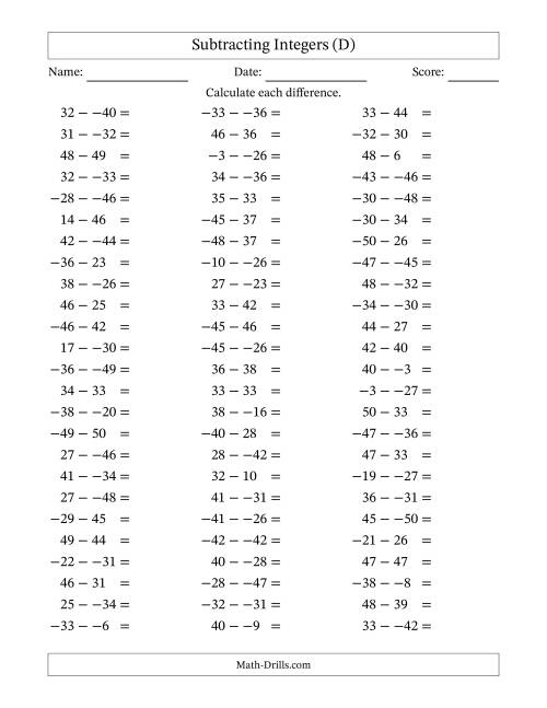 The Subtracting Mixed Integers from -50 to 50 (75 Questions; No Parentheses) (D) Math Worksheet