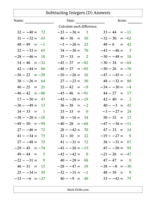 The Subtracting Mixed Integers from -50 to 50 (75 Questions; No Parentheses) (D) Math Worksheet Page 2