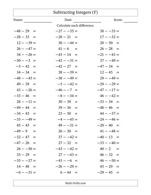 The Subtracting Mixed Integers from -50 to 50 (75 Questions; No Parentheses) (F) Math Worksheet