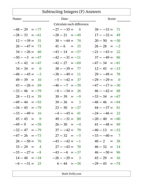 The Subtracting Mixed Integers from -50 to 50 (75 Questions; No Parentheses) (F) Math Worksheet Page 2