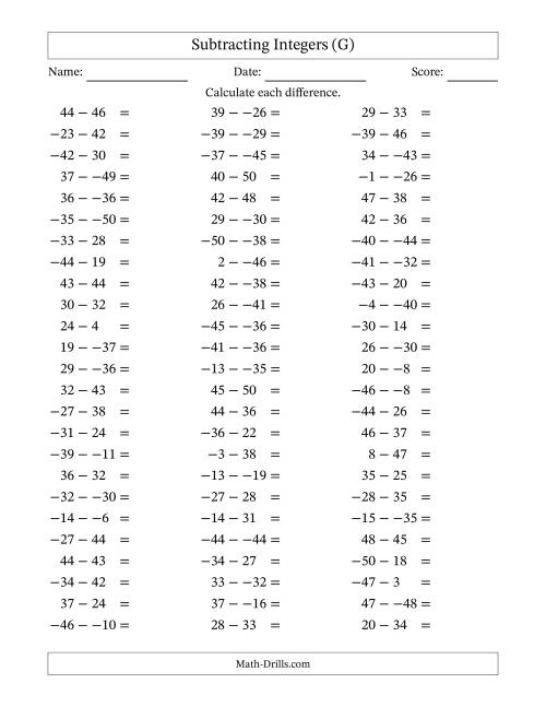 The Subtracting Mixed Integers from -50 to 50 (75 Questions; No Parentheses) (G) Math Worksheet