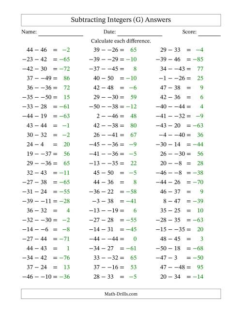 The Subtracting Mixed Integers from -50 to 50 (75 Questions; No Parentheses) (G) Math Worksheet Page 2