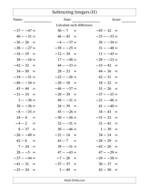 The Subtracting Mixed Integers from -50 to 50 (75 Questions; No Parentheses) (H) Math Worksheet