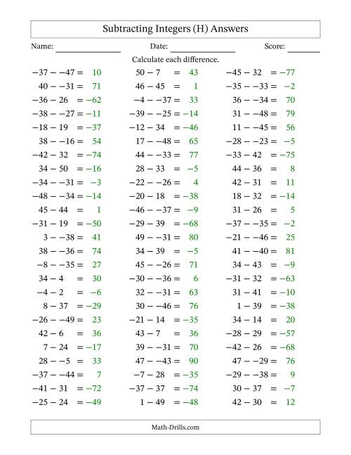 The Subtracting Mixed Integers from -50 to 50 (75 Questions; No Parentheses) (H) Math Worksheet Page 2