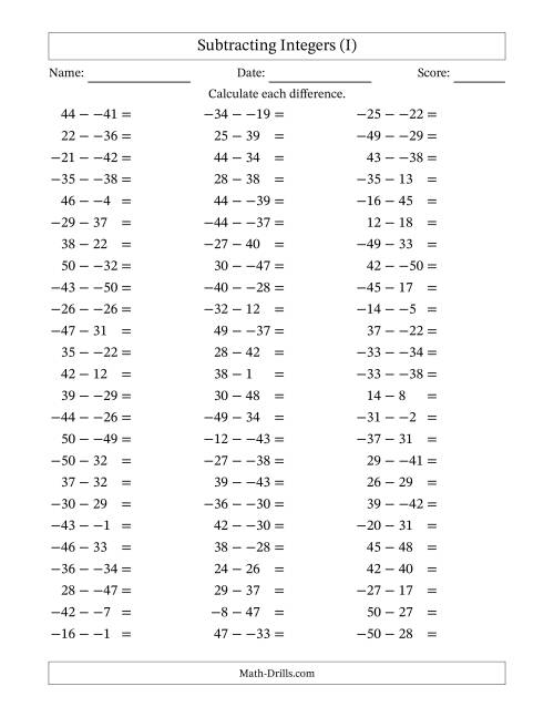 The Subtracting Mixed Integers from -50 to 50 (75 Questions; No Parentheses) (I) Math Worksheet