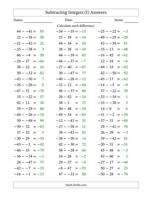The Subtracting Mixed Integers from -50 to 50 (75 Questions; No Parentheses) (I) Math Worksheet Page 2