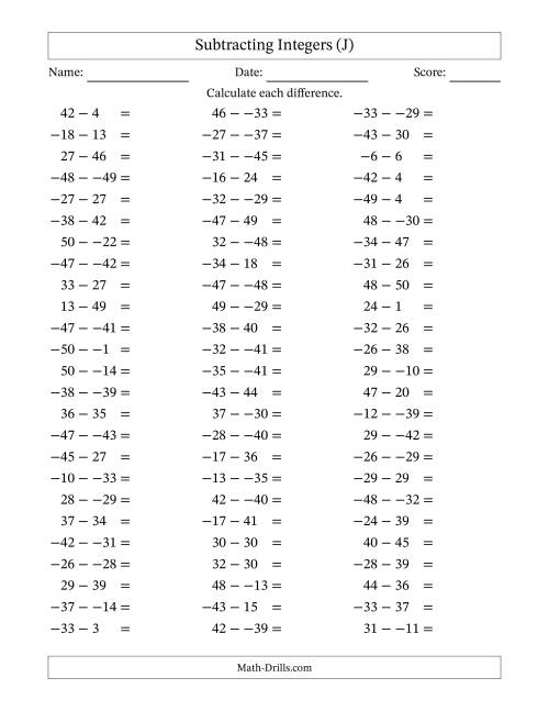 The Subtracting Mixed Integers from -50 to 50 (75 Questions; No Parentheses) (J) Math Worksheet