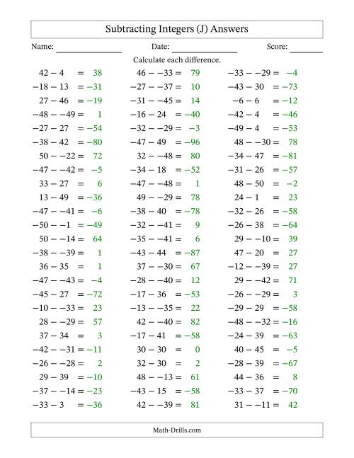 The Subtracting Mixed Integers from -50 to 50 (75 Questions; No Parentheses) (J) Math Worksheet Page 2
