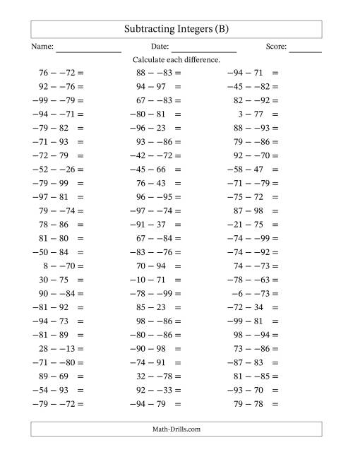 The Subtracting Mixed Integers from -99 to 99 (75 Questions; No Parentheses) (B) Math Worksheet