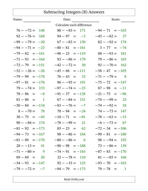 The Subtracting Mixed Integers from -99 to 99 (75 Questions; No Parentheses) (B) Math Worksheet Page 2