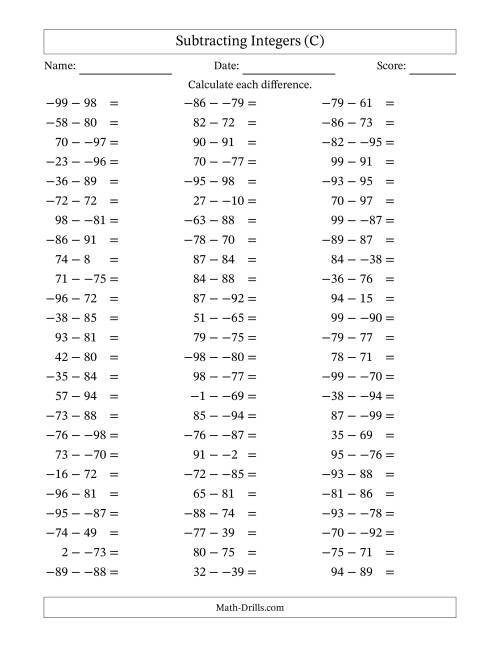 The Subtracting Mixed Integers from -99 to 99 (75 Questions; No Parentheses) (C) Math Worksheet