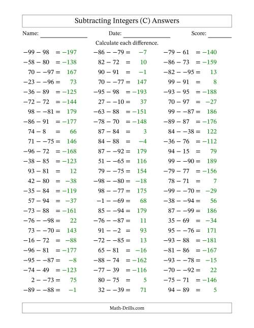 The Subtracting Mixed Integers from -99 to 99 (75 Questions; No Parentheses) (C) Math Worksheet Page 2