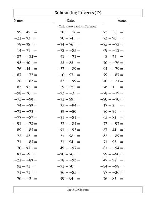 The Subtracting Mixed Integers from -99 to 99 (75 Questions; No Parentheses) (D) Math Worksheet