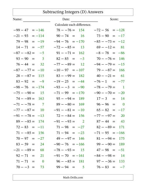 The Subtracting Mixed Integers from -99 to 99 (75 Questions; No Parentheses) (D) Math Worksheet Page 2