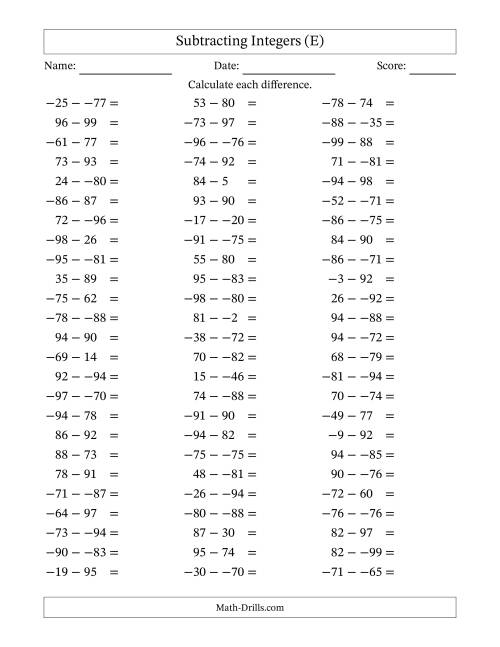 The Subtracting Mixed Integers from -99 to 99 (75 Questions; No Parentheses) (E) Math Worksheet