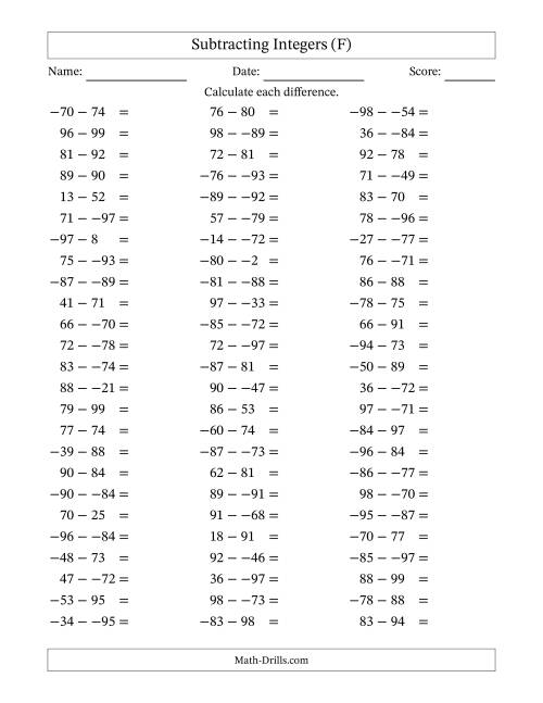 The Subtracting Mixed Integers from -99 to 99 (75 Questions; No Parentheses) (F) Math Worksheet