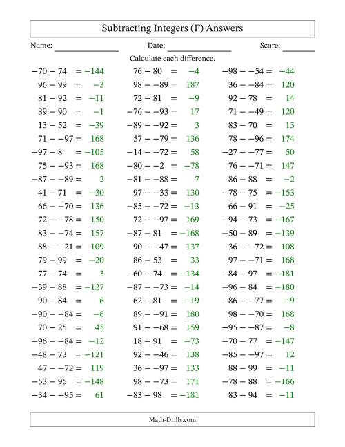 The Subtracting Mixed Integers from -99 to 99 (75 Questions; No Parentheses) (F) Math Worksheet Page 2