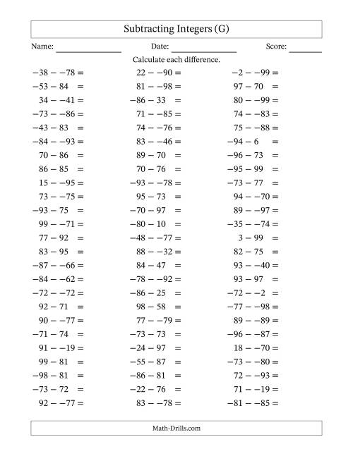 The Subtracting Mixed Integers from -99 to 99 (75 Questions; No Parentheses) (G) Math Worksheet