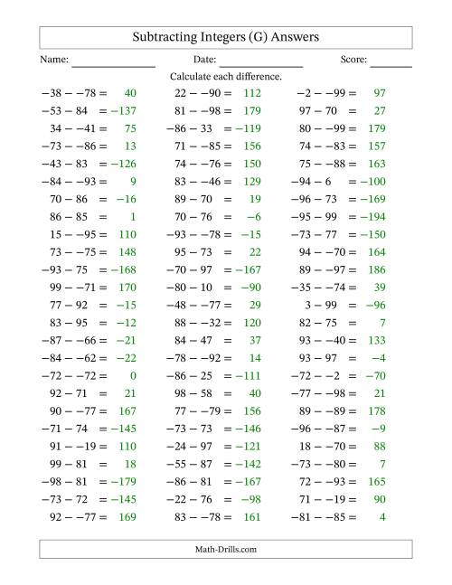 The Subtracting Mixed Integers from -99 to 99 (75 Questions; No Parentheses) (G) Math Worksheet Page 2