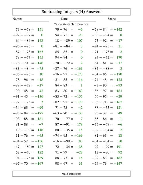 The Subtracting Mixed Integers from -99 to 99 (75 Questions; No Parentheses) (H) Math Worksheet Page 2