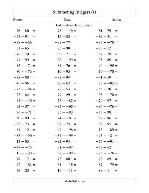 The Subtracting Mixed Integers from -99 to 99 (75 Questions; No Parentheses) (I) Math Worksheet