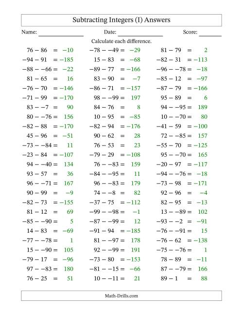 The Subtracting Mixed Integers from -99 to 99 (75 Questions; No Parentheses) (I) Math Worksheet Page 2