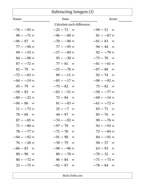 The Subtracting Mixed Integers from -99 to 99 (75 Questions; No Parentheses) (J) Math Worksheet