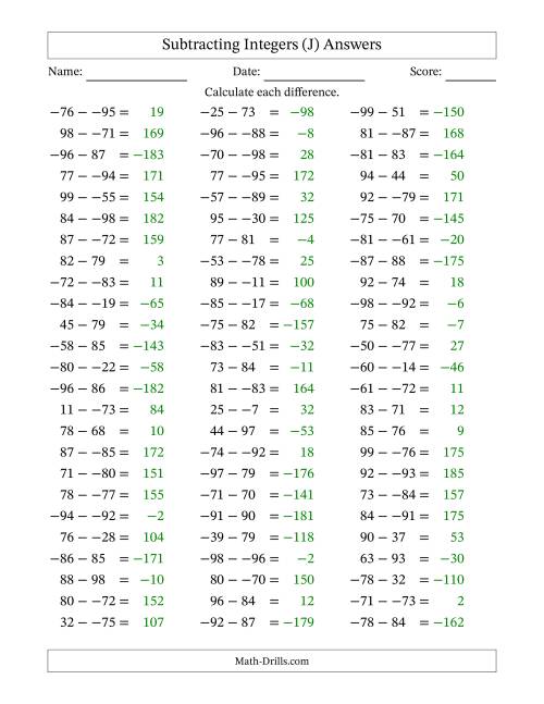 The Subtracting Mixed Integers from -99 to 99 (75 Questions; No Parentheses) (J) Math Worksheet Page 2