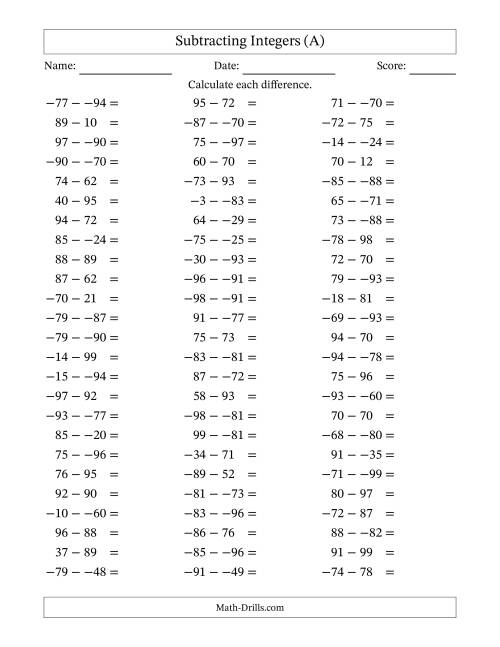 The Subtracting Mixed Integers from -99 to 99 (75 Questions; No Parentheses) (All) Math Worksheet
