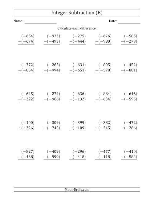 The Three-Digit Negative Minus a Negative Integer Subtraction (Vertically Arranged) (B) Math Worksheet