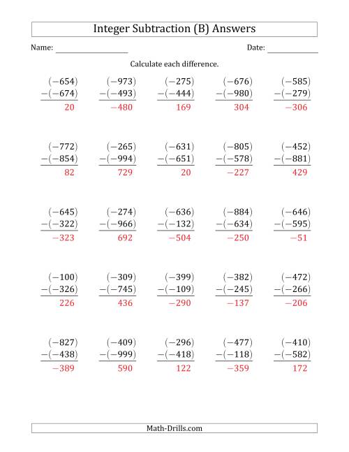 The Three-Digit Negative Minus a Negative Integer Subtraction (Vertically Arranged) (B) Math Worksheet Page 2