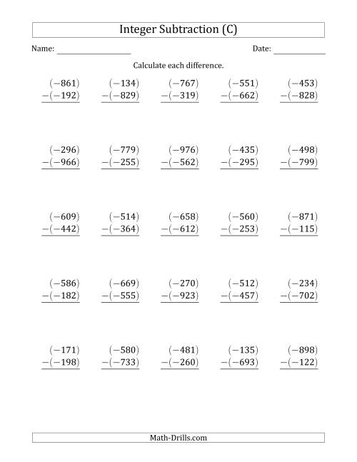 The Three-Digit Negative Minus a Negative Integer Subtraction (Vertically Arranged) (C) Math Worksheet