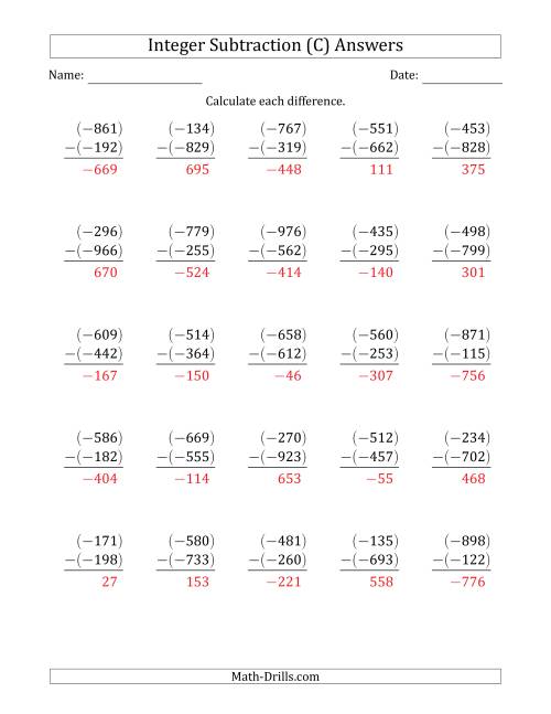 The Three-Digit Negative Minus a Negative Integer Subtraction (Vertically Arranged) (C) Math Worksheet Page 2