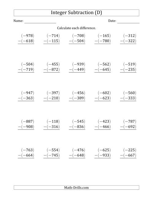 The Three-Digit Negative Minus a Negative Integer Subtraction (Vertically Arranged) (D) Math Worksheet
