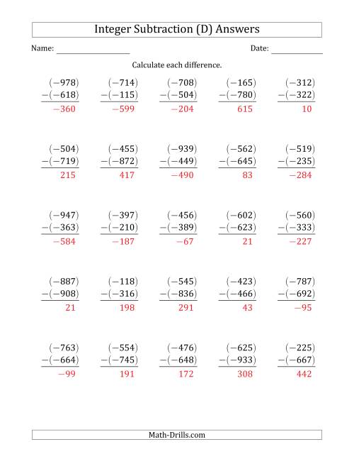The Three-Digit Negative Minus a Negative Integer Subtraction (Vertically Arranged) (D) Math Worksheet Page 2