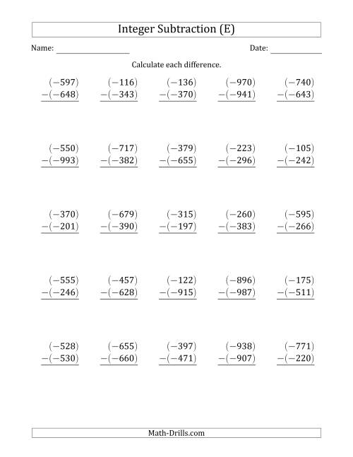 The Three-Digit Negative Minus a Negative Integer Subtraction (Vertically Arranged) (E) Math Worksheet