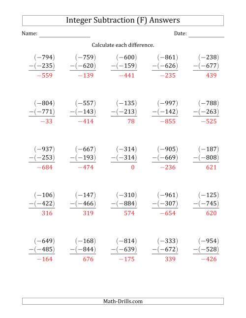 The Three-Digit Negative Minus a Negative Integer Subtraction (Vertically Arranged) (F) Math Worksheet Page 2
