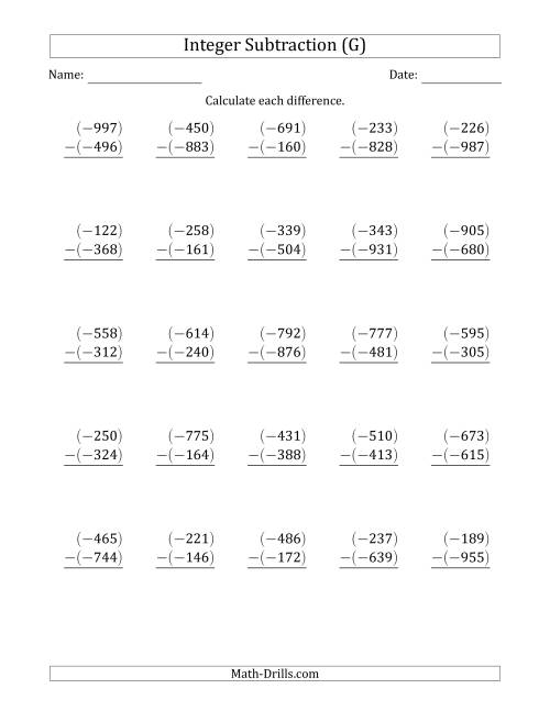 The Three-Digit Negative Minus a Negative Integer Subtraction (Vertically Arranged) (G) Math Worksheet
